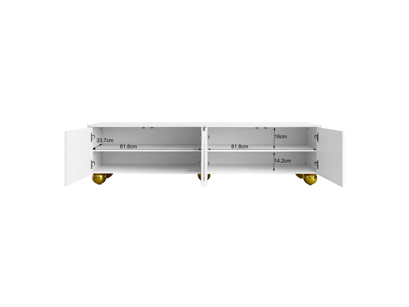  Meuble tv moderne 170x38x44 cm, le salon avec 4 portes de rangement, pieds métal doré, panneau de particules, blanc  - Conforama A