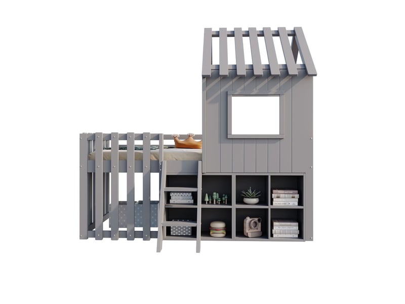  Lit cabane enfant 90x200, structure bois massif , lit enfant, rangement intégré, design ludique, accès sécuris  - Conforama E