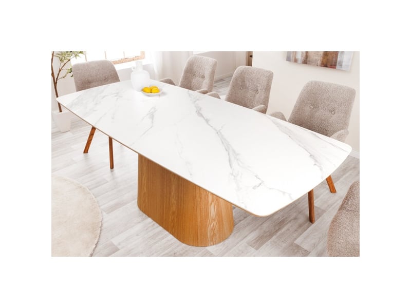  Table de salle à manger lumea – rectangulaire 200 cm – plateau céramique effet marbre blanc et pied aspect bois clair  - Conforama D
