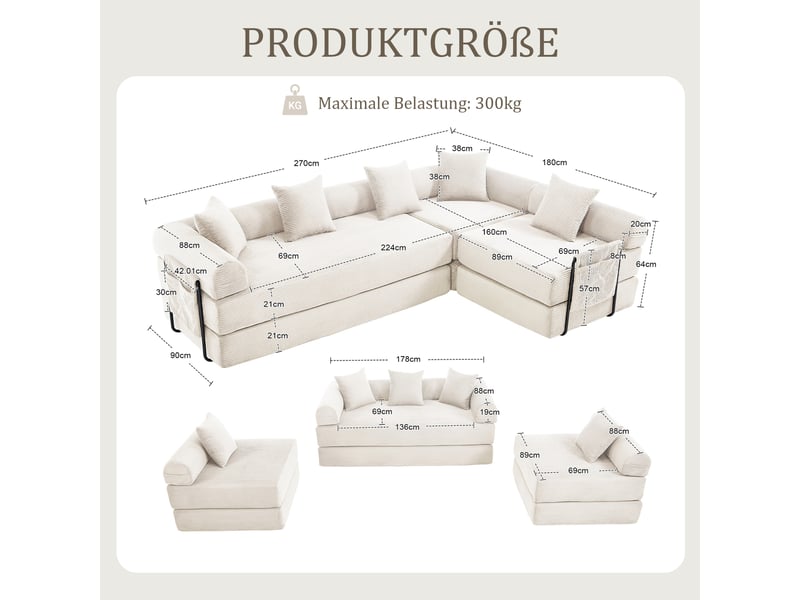  Canapé modulable beige velours côtelé, canapé familial avec rangement, convertible lit d'appoint  - Conforama C