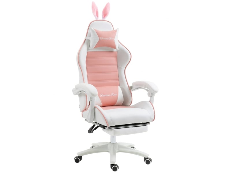 Chaise gamer rose avec oreilles de lapin, chaise ergonomique avec support lombaire et repose-pieds, hauteur réglable, 65x63x142 cm - Conforama A