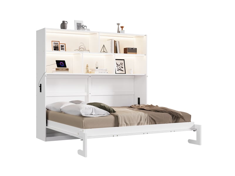 Lit escamotable 1 place 90x200 cm,gain de place,rangements latéraux,led pilotée par application,usb,usb-c et prise,bois,blanc - Conforama A