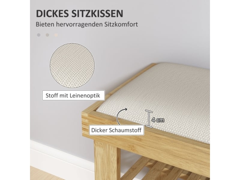  Banc à chaussures crème en bambou avec assise, rangement et 2 compartiments ouverts, 60x29x49 cm  - Conforama D