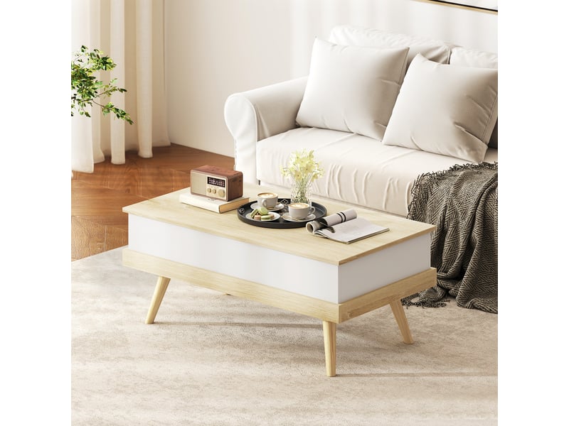  Table basse avec mécanisme de levage, 3 compartiments de rangement dissimulés et pieds en bois, 100 x 79 x 54 cm, naturel et blanc  - Conforama D
