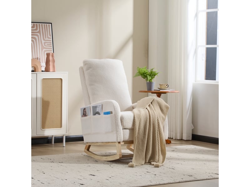  Fauteuil à bascule pour allaitement avec repose-pieds, poche latérale et base en bois, en tissu bouclette blanc  - Conforama B