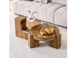 Lot de 2 tables basses rondes 61x30+44x39 cm, table d'appoint, design à 2 niveaux, pour salon, mdf et verre, naturel