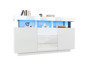 Buffet blanc laqué 140x35x80 cm avec 3 tiroirs et étagères, meuble de rangement moderne pour cuisine ou entrée