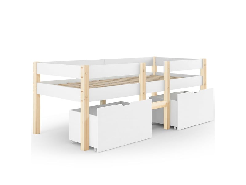  Lit enfant 90x190cm avec clôture de sécurité et rangement sous lit - cadre de lit avec sommier à lattes en bois - blanc  - Conforama D