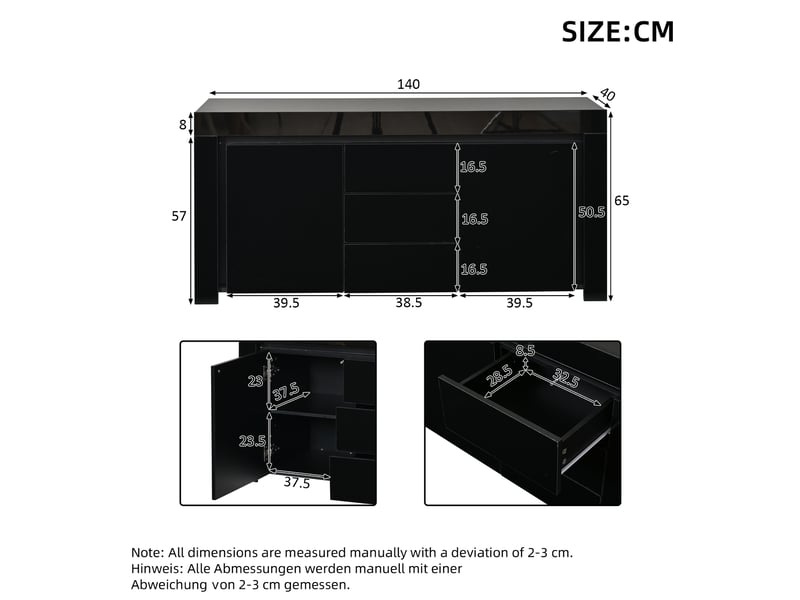  Buffet noir 140 x 40 x 65 cm avec éclairage led, 2 portes, 3 tiroirs, façade brillante  - Conforama C