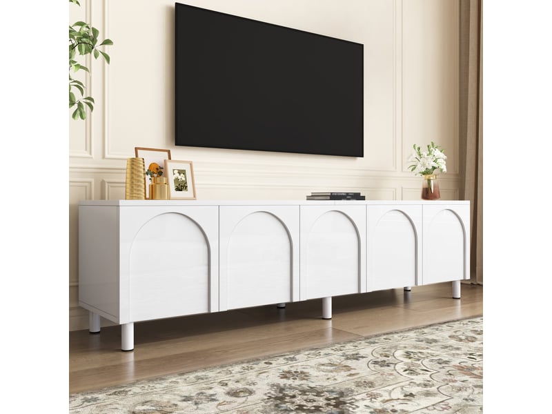  Meuble tv 180x38x45 cm - meuble bas avec 5 portes, espace de rangement, pieds en métal, structure en pb et mdf, design moderne  - Conforama D