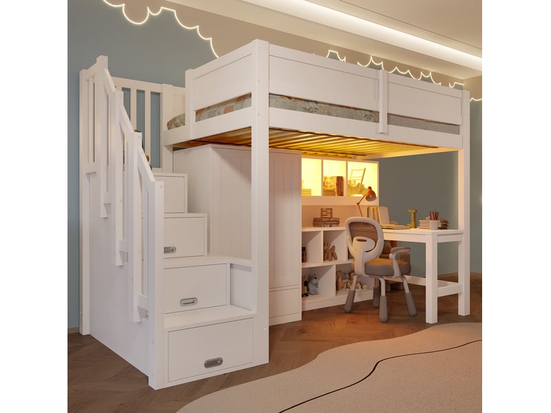  Lit mezzanine 90x200 cm avec bureau, armoire, escalier de rangement et led, blanc  - Conforama B