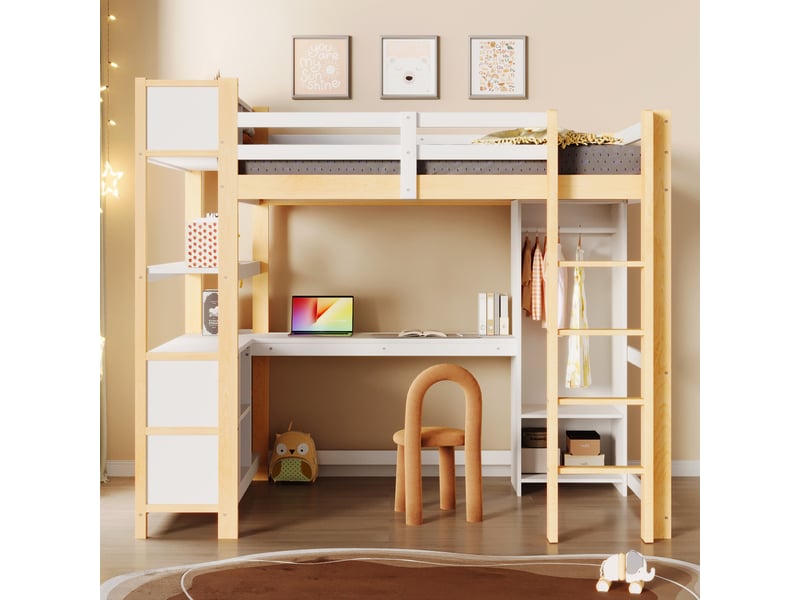  Lit mezzanine naturel 140x200cm avec rangement, bureau et étagères, sécurité renforcée, pratique - bois massif - pour enfant ado  - Conforama C