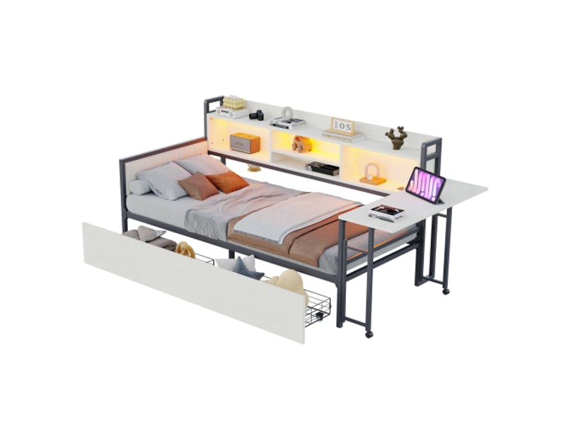 Lit enfant 90x200 cm, avec éclairage led, compartiment de rangement, 2 tiroirs, bureau rabattable, blanc, sans matelas - Conforama A