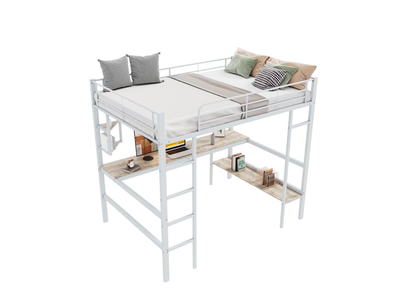 Lit mezzanine 90x200 cm avec bureau et étagères en métal et mdf blanc - Conforama A