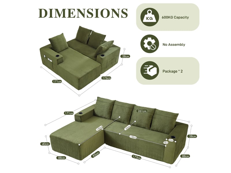  Canapé d’angle modulable 4 places en l, méridienne droite, porte-gobelets, poches de rangement, velours côtelé vert, sans montage, 261 x 168 x 58 cm  - Conforama D