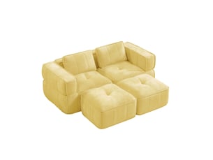 Canapé modulaire 2 places avec deux poufs, assise profonde et mousse 32d, sans montage, en polyester jaune