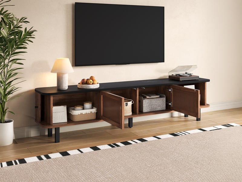  Meuble tv moderne en noyer 190 cm de long avec portes coulissantes et treillis  - Conforama B