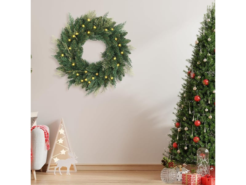  Couronne de noël lumineuse 50 cm, branches de cyprès artificielles, led avec minuterie, décoration de porte  - Conforama D