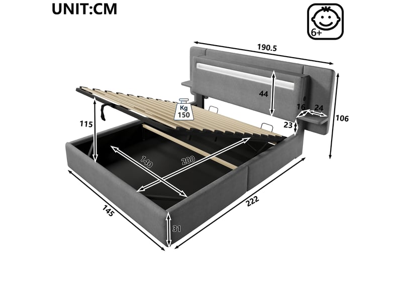  Lit coffre 2 places 140x200 cm avec espace de rangement hydraulique, led multicolore, mdf, coloris gris sans matelas  - Conforama C