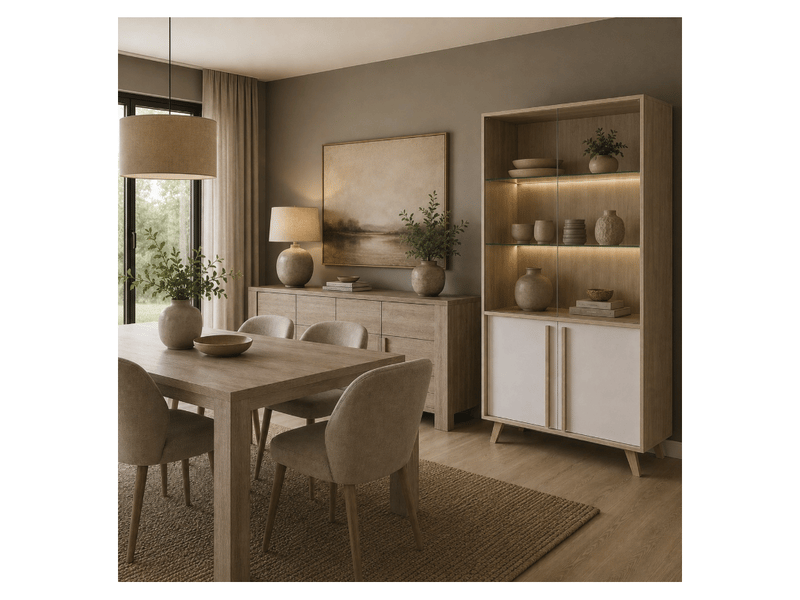  Salle à manger complète malmo avec table extensible, vitrine led et étagère murale – chêne clair et blanc  - Conforama D