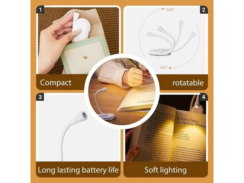 Lampe de lecture à clipser led rechargeable usb, mini lampe portable pour chevet, bureau et étudiants - Conforama E