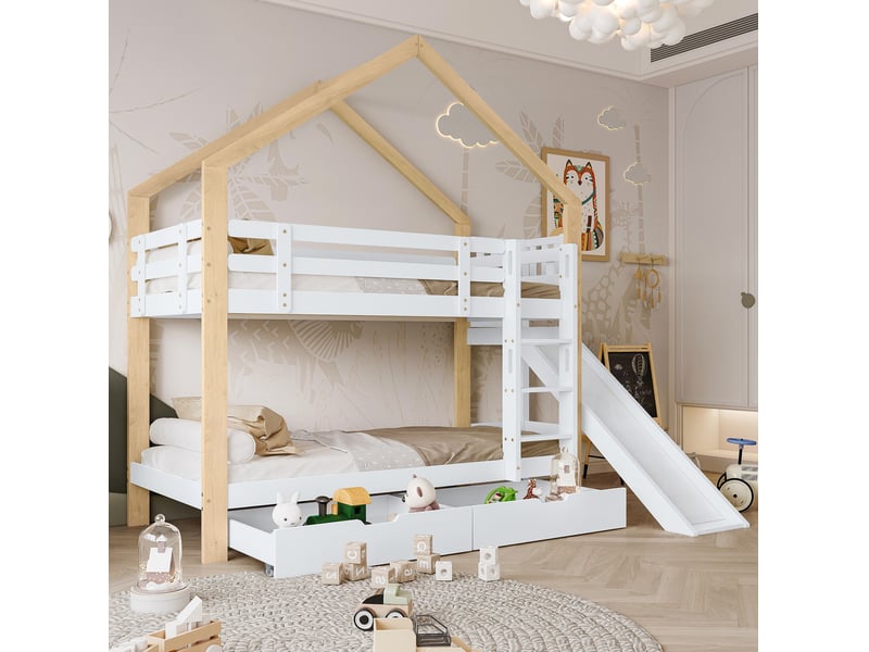  Lit superposé maison 90x200 cm, lit enfant avec toboggan, 2 tiroirs, échelle 3 marches, mdf, blanc+naturel, sans matelas  - Conforama B