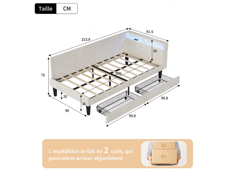  Lit 90x200 avec sommier, lit gigogne avec 2 tiroirs,canape lit avec led et ports usb, cadre lit 1 personne pour adosadulte,beige velours  - Conforama C