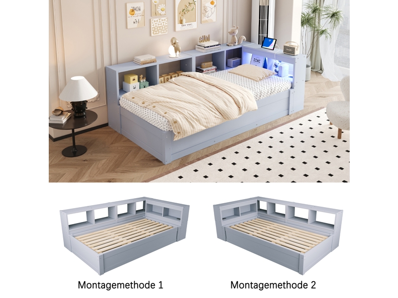  Lit coffre adulte 90x200 cm – gris – led multicolores, prise intégrée et rangements – sans matelas  - Conforama E