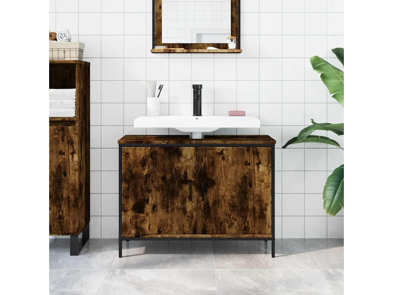  Armoire lavabo salle de bain, meuble de rangement chêne fumé 80x30x60 cm shl1842  - Conforama C