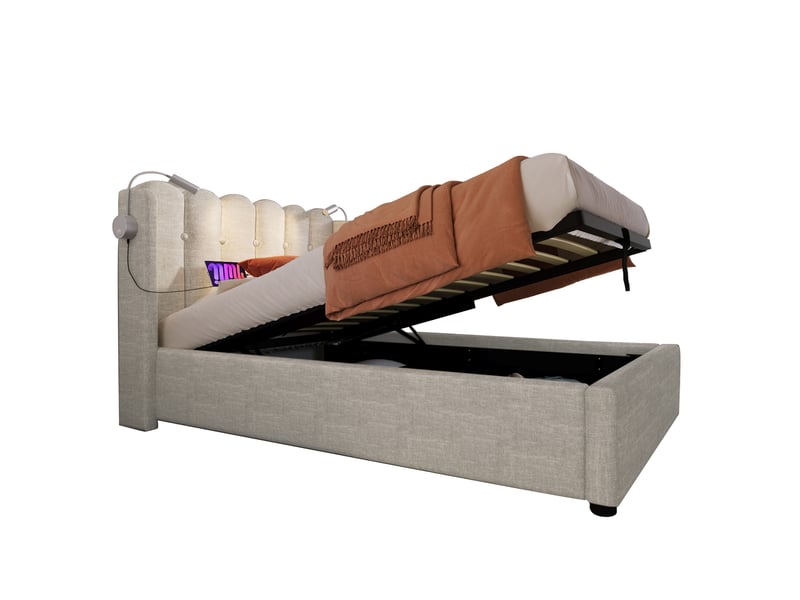  Lit coffre tcqpz 90 x 200 cm avec liseuse et fonction de charge usb tête de lit rangement lin beige  - Conforama A