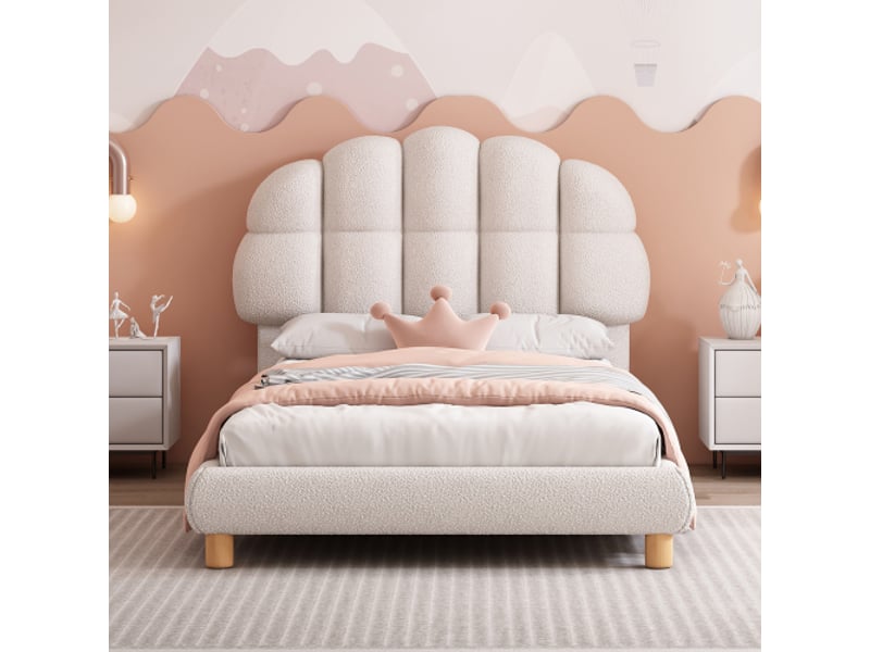  Lit enfant 90x200 cm, avec tête de lit et lattes, en velours, blanc, sans matelas  - Conforama B
