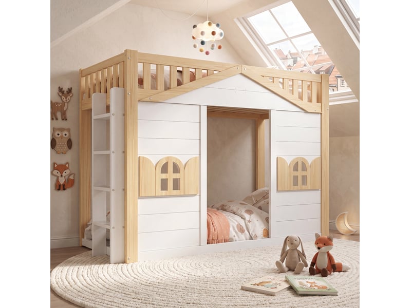  Lit mezzanine enfant modenvie avec espace inférieur, 90 x 200 cm, fenêtre, blanc et bois naturel  - Conforama E