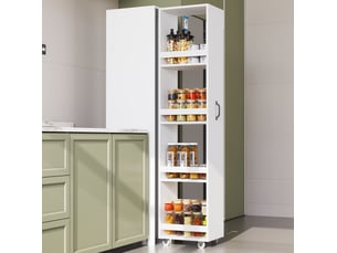 Bibliothèque étroite 40x30x160,5 cm – blanche – sur roulettes avec rangement polyvalent et protections