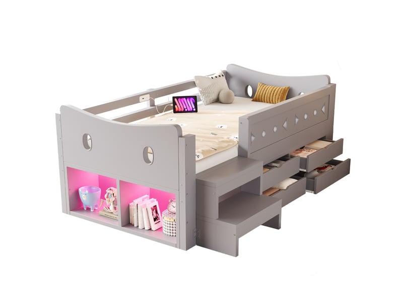  Lit enfant, 90x200 cm, avec rangements, tiroirs, barrières de sécurité, led, matelas non inclus, bois, coloris gris  - Conforama A