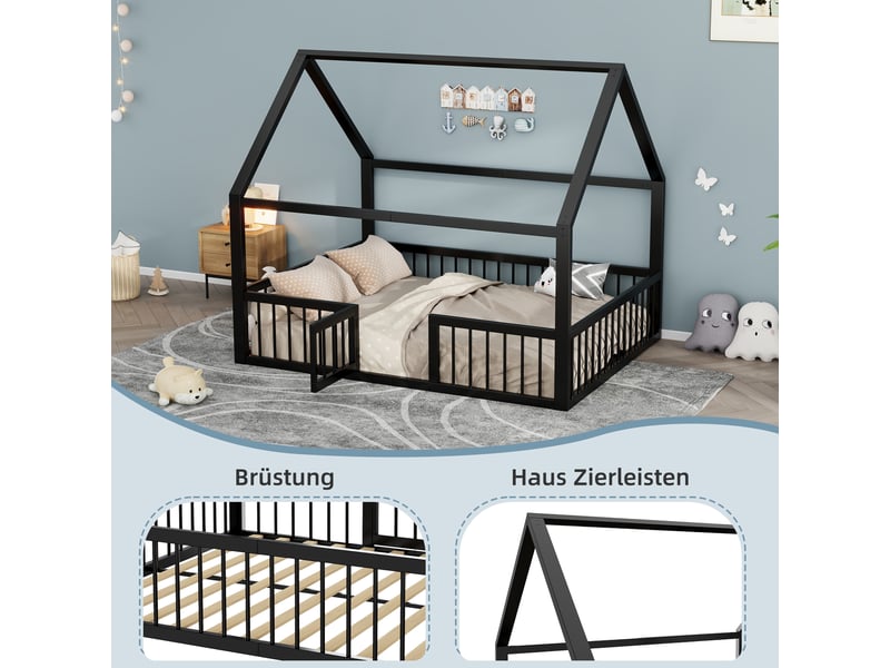  Lit double 140x200 cm avec moulures décoratives, lit enfant avec balustrade, structure en métal, lit 2 personnes en noir  - Conforama R