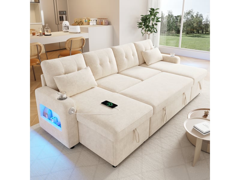 Canapé d’angle convertible en u 266 x 131 x 85 cm 4 places, double méridienne, coffre, porte-gobelets, led, usb, rangement accoudoirs, beige Bliss Lite - Conforama B
