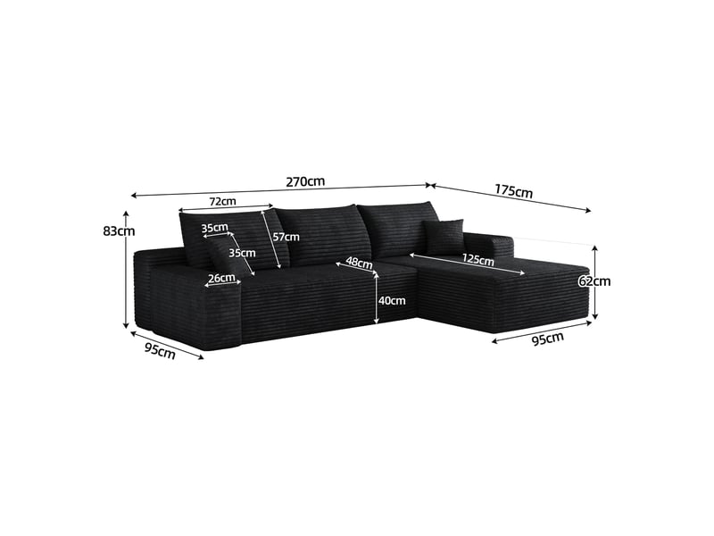 Canapé d'angle modulable noir 270 cm, canapé méridienne en l sans armature, assise profonde, sans montage - Conforama C