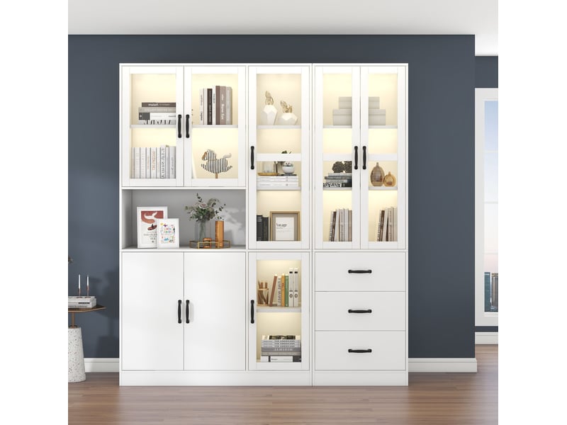  Vitrine combinée blanche 180 x 40 x 200 cm avec éclairage led, 8 portes, 3 tiroirs  - Conforama B