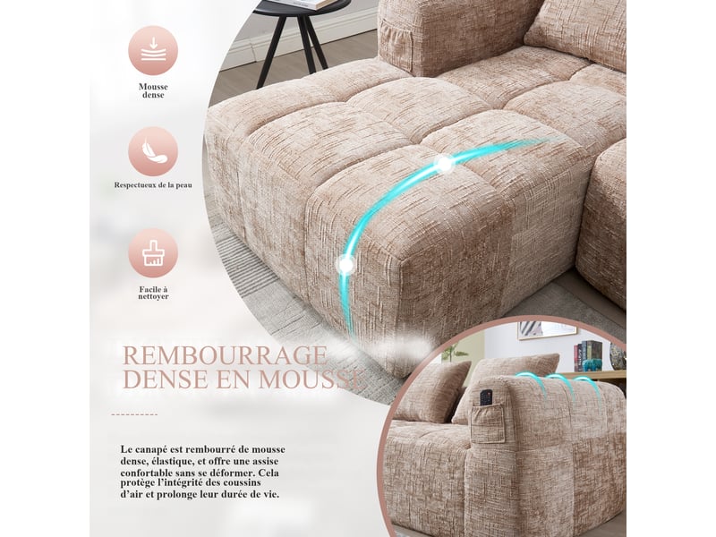  Canapé d'angle 3 places fixe en chenille kaki 250 x 158 x 60 cm, chaise longue réversible, 3 coussins, poches latérales W2845S00081 - Conforama W