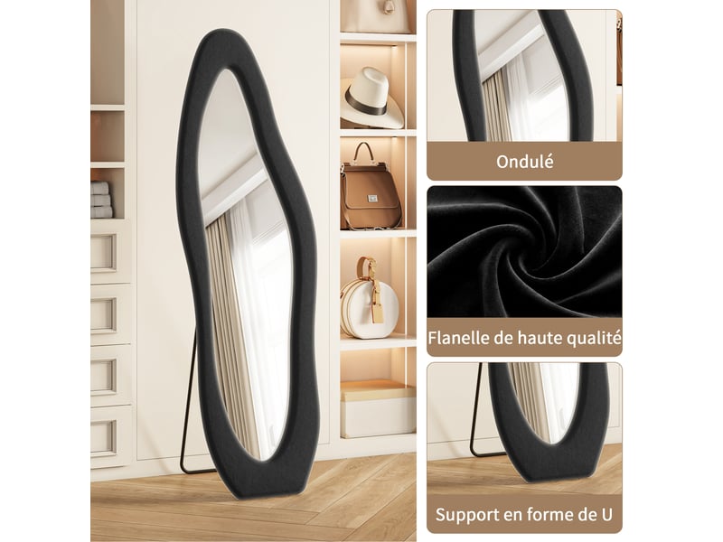 Miroir plein pied 160x50 cm forme ondulée, cadre rembourré en flanelle noire, miroir au sol décoratif pour chambre et salon  - Conforama D