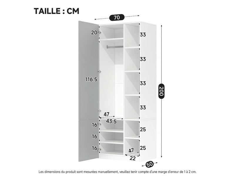  Armoire avec miroir et éclairage led intégré, 110x47x200 cm, finition chêne  - Conforama W