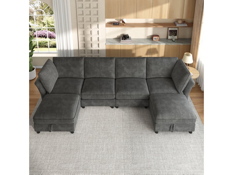  Canapé d'angle, canapé modulable, 6 places, en tissu chenille, gris, avec pouf, style cloud, pour salon, appartement, chambre  - Conforama C