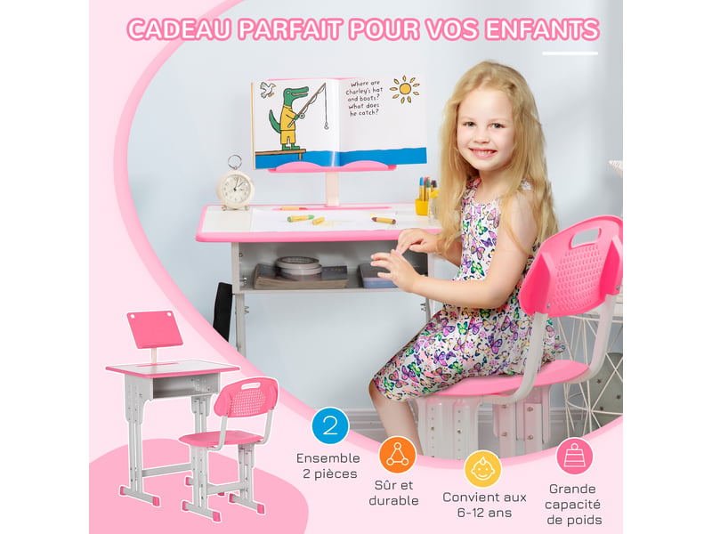  Bureau et chaise pour enfant avec support de lecture casier crochet et porte stylo 60 x 45x 90-102 cm rose  - Conforama E