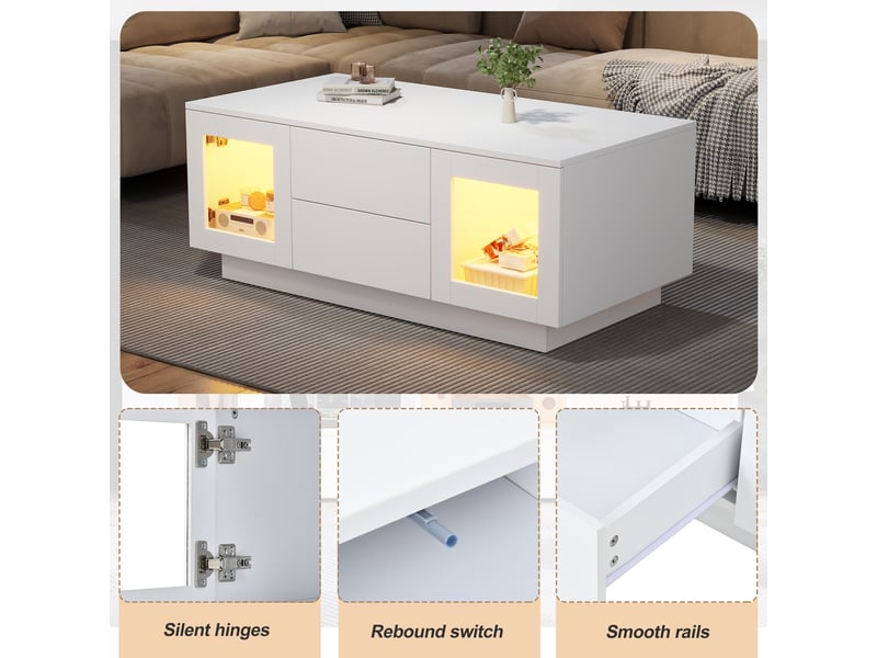  Table basse coloris blanc 100 × 50 × 40 cm, en mdf, avec 2 portes vitrées, 2 tiroirs et éclairage led rgb  - Conforama E