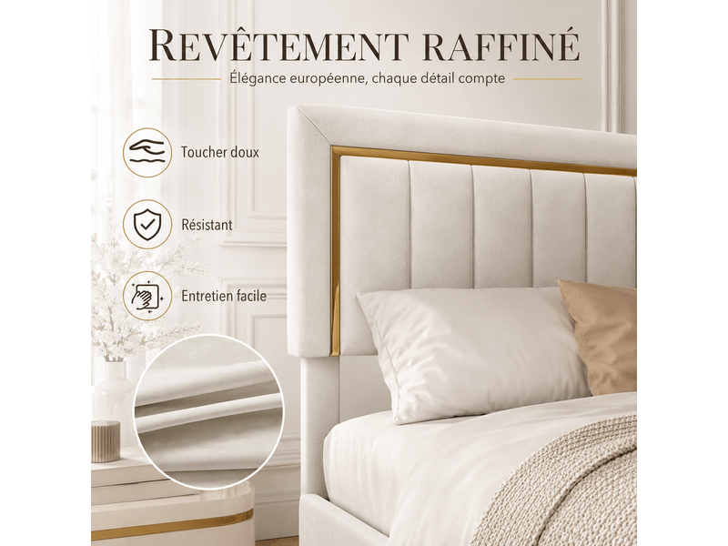  Lit coffre adulte 140x190 cm - lit rembourré double avec sommier à lattes et espace de rangement hydraulique - lit capitonné - cadre de lit 2 personnes - sommier à lattes et tete de lit rembourré - velours beige - sans matelas -…  - Conforama D