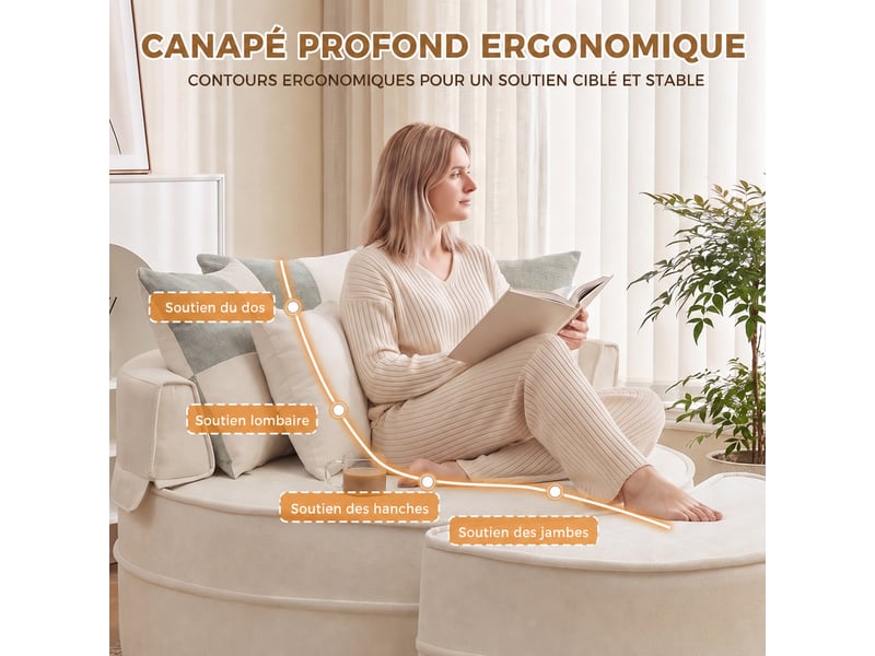  Fauteuil avec pouf rond 1 place sans montage, assise profonde et 5 coussins  - chenille beige  - Conforama E