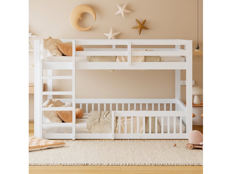  Lit superposé 160x200 cm, gain de place, design compact avec barrières de sécurité, bois et mdf, blanc, sans matelas  - Conforama D