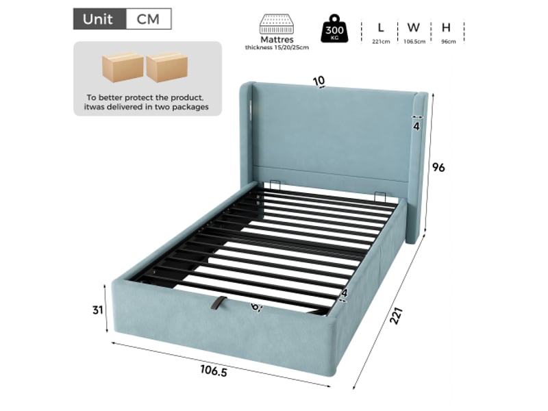  Lit capitonné, 90×200 cm, simple, hydraulique, sommier + tête de lit + grand rangement, led + usbtype-c, velours, bleu  - Conforama C