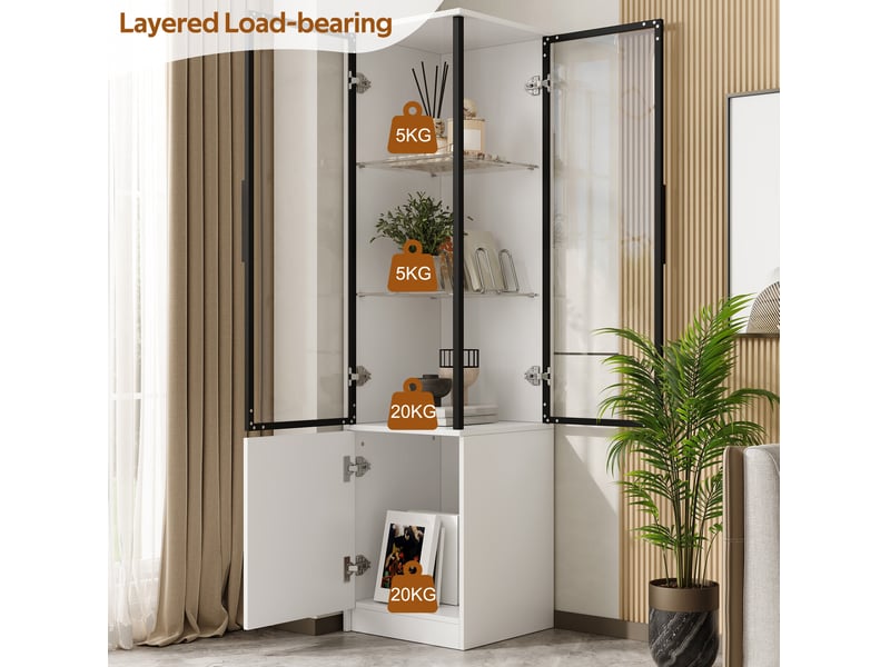 Vitrine d’angle 40x40x160 cm blanche avec led pilotée par application - Conforama E