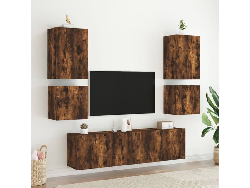 Lot de 2 meuble tv mural, meuble tv suspendu chêne fumé 40,5x30x40cm bois ingénierie  - Conforama D
